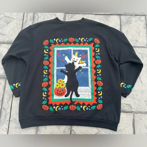 RARE Spumoni Black Cat Ghost Double Sided Novelty Halloween Sweatshirt 2XL Sweatshirts & Hoodies